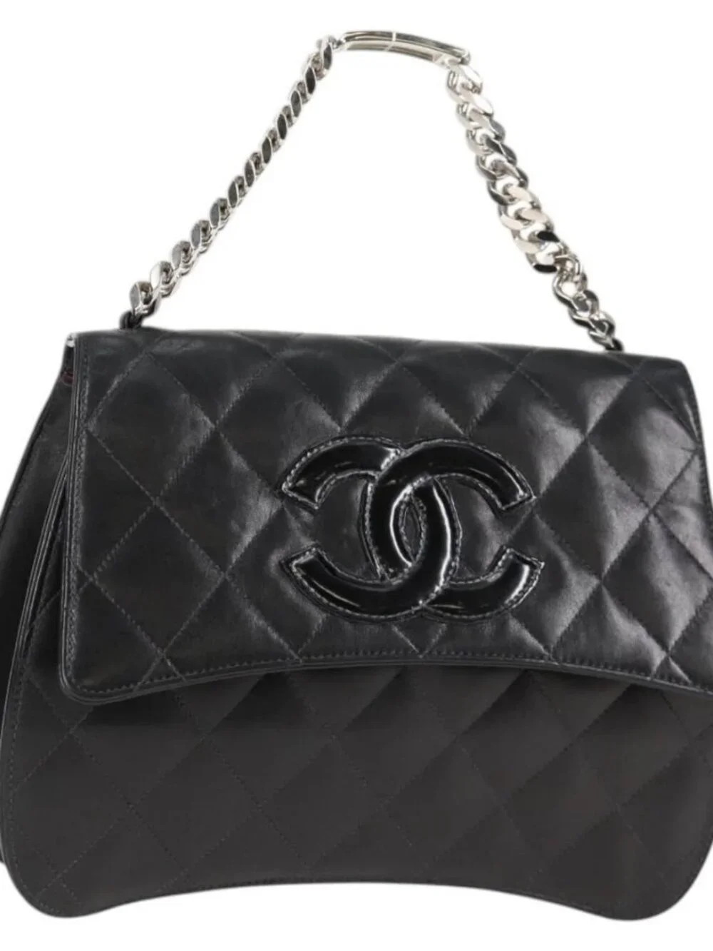 CHANEL Chain Hand Bag Lamb Skin Black Silver CC Auth 138566V